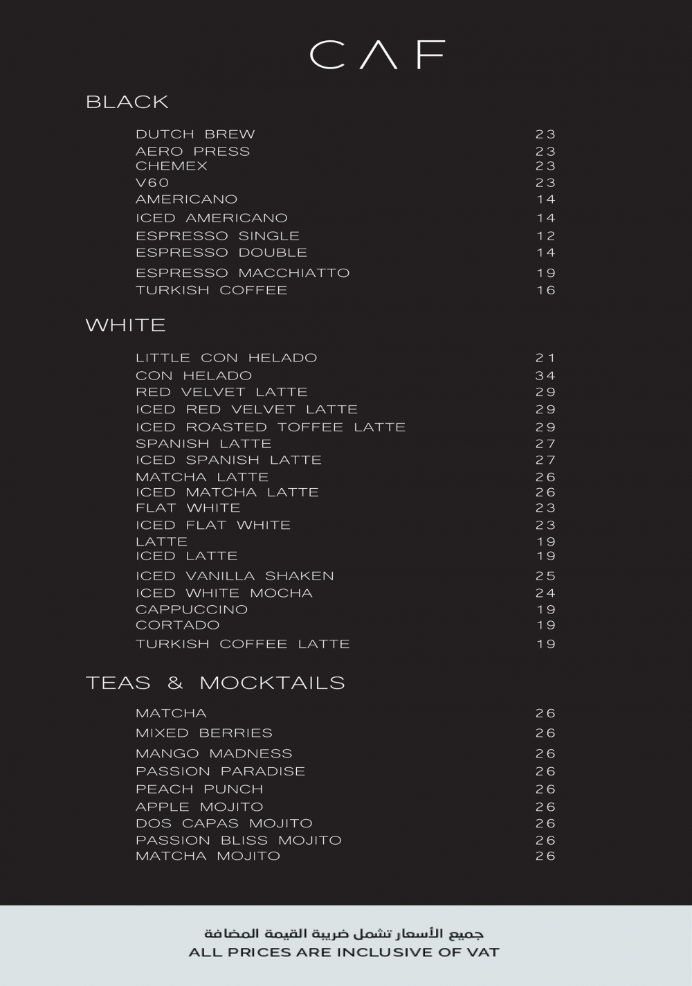 Caf Cafe Menu Black